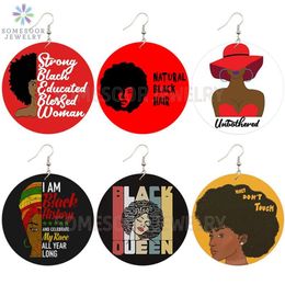 Natural Black Hair Blessed Woman African Wooden Drop Earrings Strong Educated Queen Afro Sayings Dangle For Women Gifts281a