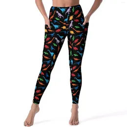 Active Pants Colorful Dinosaur Leggings Pockets Animal Print Design Yoga Push Up Fitness Legging Vintage Quick-Dry Sport