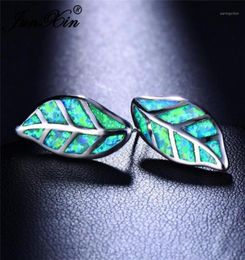 Stud JUNXIN Charm Plant Tree Leaf Earrings For Women Silver Colour Green White Blue Fire Opal Wedding Gift15028937