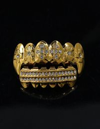 24K Gold Teeth Grillz Rhinestone TopBottom Shiny Grills Set ICED OUT Teeth Hip Hop Jewelry8891332