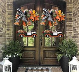 New Halloween Farmhouse Wreath Decorations Vintage Kitchen Thanksgiving Pumpkin Truck Wreath Window Door Wall Decor Hanging 2021 Y8738100