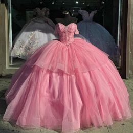 Pink Shiny Quinceanera Dresses Mexican Off the Shoulder Ball Gown Beads Crystal Princess Long Sweet 16 Prom Dress 15 year