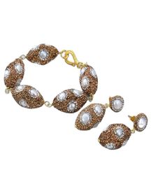 GuaiGuai Schmuck, kultivierte weiße Keshi-Perle, gelbe CZ-plattierte ovale Nugget-Perlen, Armband-Ohrringe-Sets, handgefertigt für Damen4882175