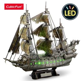 3D Puzzles CubicFun 3D Puzzles Green LED Flying Dutchman Pirate Ship Model 360 Pieces Kits Lighting Building Ghost Sailboat Gifts for Adult 231212