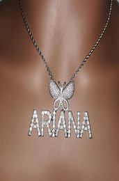 Custom Mini Initial Letters With Buttterfly Bail Pendant Micro Paved CZ Personalised Name Plated Necklace Hip hop Jewelry9351278