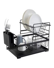 Dish Drying Rack with Drainboard Drainer Kitchen Light Duty Countertop Utensil Organiser Storage for Home Black White 2Tier 210909909439