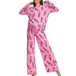 Women s Sleepwear Xingqing Nutcracker Christmas Pyjamas y2k Women Loungewear Print Round Neck Long Sleeve T Shirt Tops and Pants Pink 231213