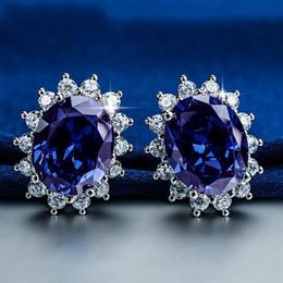 Princess Diana wedding earrings Jewelry Really solid 925 Sterling silver Oval Blue Sapphire Gemstone earrings Gift for Women Girlf304h