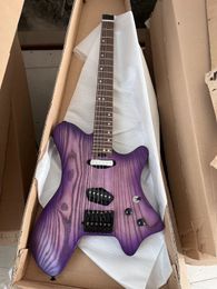 Purple headless diagonal six string electric guitar, white wax wood body, maple neck finger board, factory direct sales