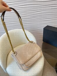 Luxury Niki women chain crossbody bag made of genuine suede material, classic vertical metal letter flip bag designer
