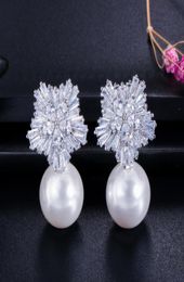 Snowflake Imitation Pearl Luxury Bride Charm Designer Earrings Jewellery White Grey Red Pearl AAA Cubic Zirconia Copper Silver Earri5789498
