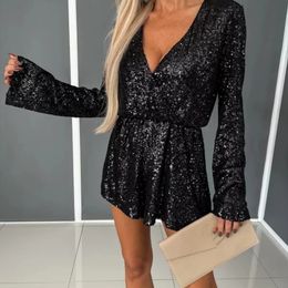 Urban Sexy Dresses Casual Hollow Backless Slim Party Playsuits Lady Sexy V-neck Club Sequin Romper Fall Fashion Flare Sleeve Waist Shorts Jumpsuits 231213