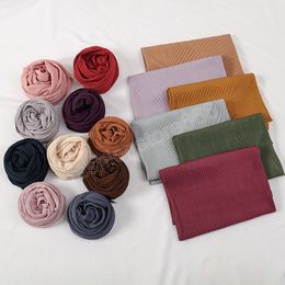 New Solid Pleated Square Scarf For Women Muslim Hijab Satin Silk Headscarf Wraps Islamic Headband Turban Female Foulards