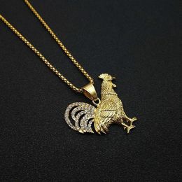 Hip Hop Iced Out Rooster Pendant & Chains For Men Gold Colour Stainless Steel Animal Necklaces Male Bling Jewellery Drop269s