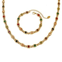 Pendant Necklaces Colorful Zircon Necklace Bracelet Fashion Niche Fish Eye Stitching Chain Jewelry Set Stainless Steel Gold Plated Accessories 231212