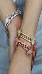 10mm Pink Miami Cuban Link Bracelet With Butterfly Bling Women Jewelry Zircon Hip Hop Chain Bangle6895001