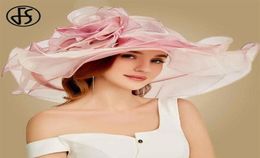 FS 2019 Pink Kentucky Derby Hat For Women Organza Sun Hats Flowers Elegant Summer Large Wide Brim Ladies Wedding Church Fedoras Y21483252