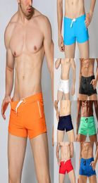 Men Swimwear Boxer Briefs Solid Color Drawstring Waist Beach Board Shorts Quick Dry Summer Swim Trunks with Zipper Pocket S2XL7230236