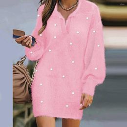 Casual Dresses Fall Winter Women Dress Knitted Solid Color Beaded Lape Long Lantern Sleeve Thin Plush Warm Slim Fit Pullover Mini