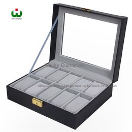 10 Grids Slot PU New Bias Leather Brand Logo Watch Box Display Organiser Glass Top Jewellery Storage Organiser BOX BLACK Grey Interi222m