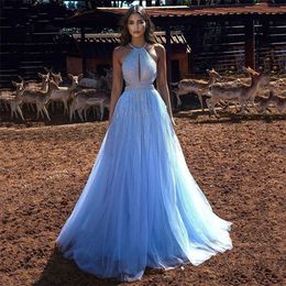 2024 Sky Blue Princess Abito da sera Elegante Glitter Halter Paillettes Tulle Lunghezza del pavimento Backless Prom Abiti formali Robe De Soiree Femme Vestidos De Fiesta