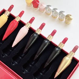 New Lipstick set 7pcs Mini Matte Travel Diamond Version Radish T-Shaped Red Tube Color Container Exclusive Powder Kiss Lipstick Christmas Gift Set