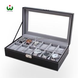Wanhe Packaging Boxes Factory Professional Supply 12 Grids Slot Watch Box Display Organiser Glass Top Jewellery Storage Organiser BO207M