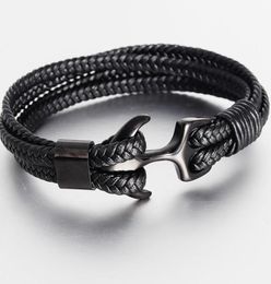 High Quality Men039s Titanium Steel Bracelet Black Personality Leather Woven Anchor Rope For Men Gift Charm Bracelets9358049