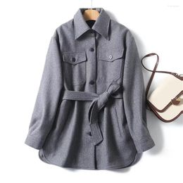 Women's Jackets 2024 Commuting Style Blended Flannel Shirt Jacket Autumn Gray Belt Waist Casual