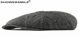 SHOWER Tweed Newsboy Cap Men Wool Herringbone Flat Cap Winter Grey Striped Male British Style Gatsby Hat Adjustable20043856597920