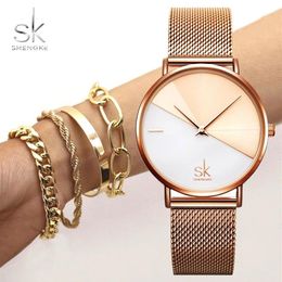 Shengke SK Women Bracelet Watch Set Leather Wrist Watch Vintage Lady Watch Irregular Clock Mujer Bayan Kol Saati Montre Feminino237t
