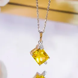 Pendants 925 Sterling Silver Luxury Necklace For Women Topaz Yellow Diamond Pendant Princess Square Anniversary Fine Jewelry