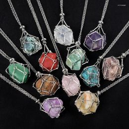 Chains 5pcs Natural Crystal Raw Stone Net Stainless Steel Metal Bamboo Necklace Woven Pendant Adjustable Chain