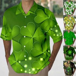 Men's T Shirts Mens St Day Shirt Festive Gold Four Leaf Print Green Lapel Short Sleeved Business Ethnic Art 3d Digital