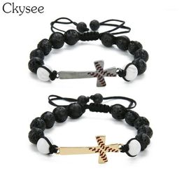 Ckysee Handmade Braided Macrame Black Lave Stone Beaded Bracelet Baseball Cross Bracelet Christian Jewellery For Women And Men1280T