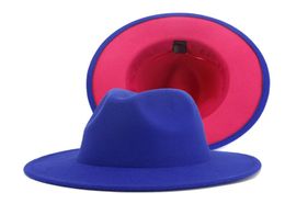 Fashion DoubleSided Blue with Pink Bottom Woollen Hat Men Women Wide Brim Panama Jazz Fedora Hats with Felt Band Patchwok Hat7596510