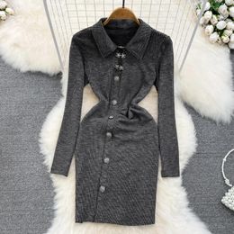 Casual Dresses Foamlina Retro Style Women Spring Autumn Dress Turn Down Collar Long Sleeve Buttons Decoration Slim Bodycon Party Club