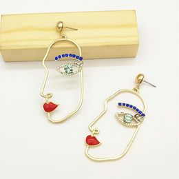 Unique Blue Crystal Human Face Earrings For Women Party Charm Jewellery Funny Abstract Art Hollow Gold Colour Alloy Figure Earings276E