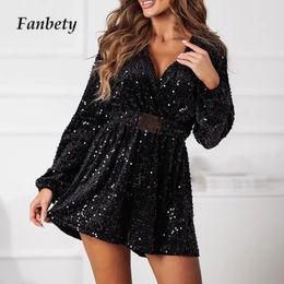 Urban Sexy Dresses 2024 Lady Sexy Sequin Shiny Shorts Jumpsuit Fashion V Neck Long Sleeve Playsuit Autumn Female Solid Slim Waisted Party Rompers 231213