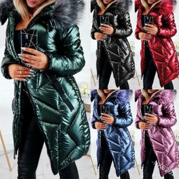 Women's Trench Coats Winter Coat Women Shiny Fur Collar Slim Mid-length Cotton-padded Jacket Fashionable Warm For