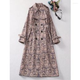Women's Trench Coats Autumn Winter Vintage Abstract Print Turn-Down Collar Long Sleeve Double Breasted Buttons Plus Size Women Coat