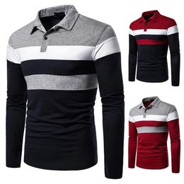 Men's Polos Mens Long Sleeve Shirt Casual Slim Fit Shirts Contrast Color Patchwork Tshirts Cotton Tops 231212