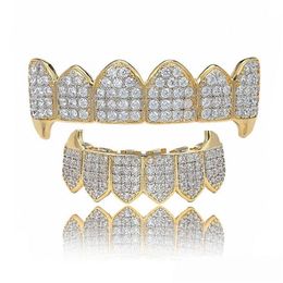 Shining Hip Hop Grillz Iced Out CZ Fang Mouth teeth grills Caps Top & Bottom tooth Set Men Women Vampire Grills Fashion Jewelry283j