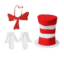 Fashion High Stage performance Hats Dr Seuss Hat Kids red white stripe magic hat sequins Bow tie with gloves 3pcs children Perform2207106