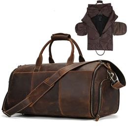 Duffel Bags Crazy Horse Leather Folding Suit Bag Man Business Travel Bag With Shoe Pocket Clothes Cover Luggage Duffel Bag Man Bag For Suits 231213