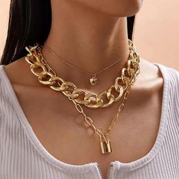 Pendant Necklaces SHIXIN 3Pcs Hiphop Heart Lock Necklace For Women Punk Layered Thick Cuban Link Chain Choker On The Neck Jewelry256N