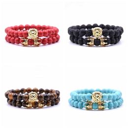 2Pc Set Animal King Lion Head Red Turquoise Bangle Natural Stone Crown Couple Bracelet Sets For Men Hand Jewellery Accessories Men W192K