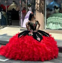 black red Charro Quinceanera Dresses With Tiered Red Organza Skirt Off Shoulder Sweetheart vestidos de 15 quinceanera lace -up corset prom