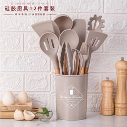 Cooking Utensils Silicone cookware with wooden handle 12 piece set of storage barreled Nonstick surface kitchen tools cooking shovel 231213