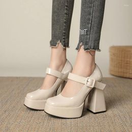 Dress Shoes Leather Pumps For Women Big Buckle Mary Jane Shoe High Heeled Square Toe Footwear